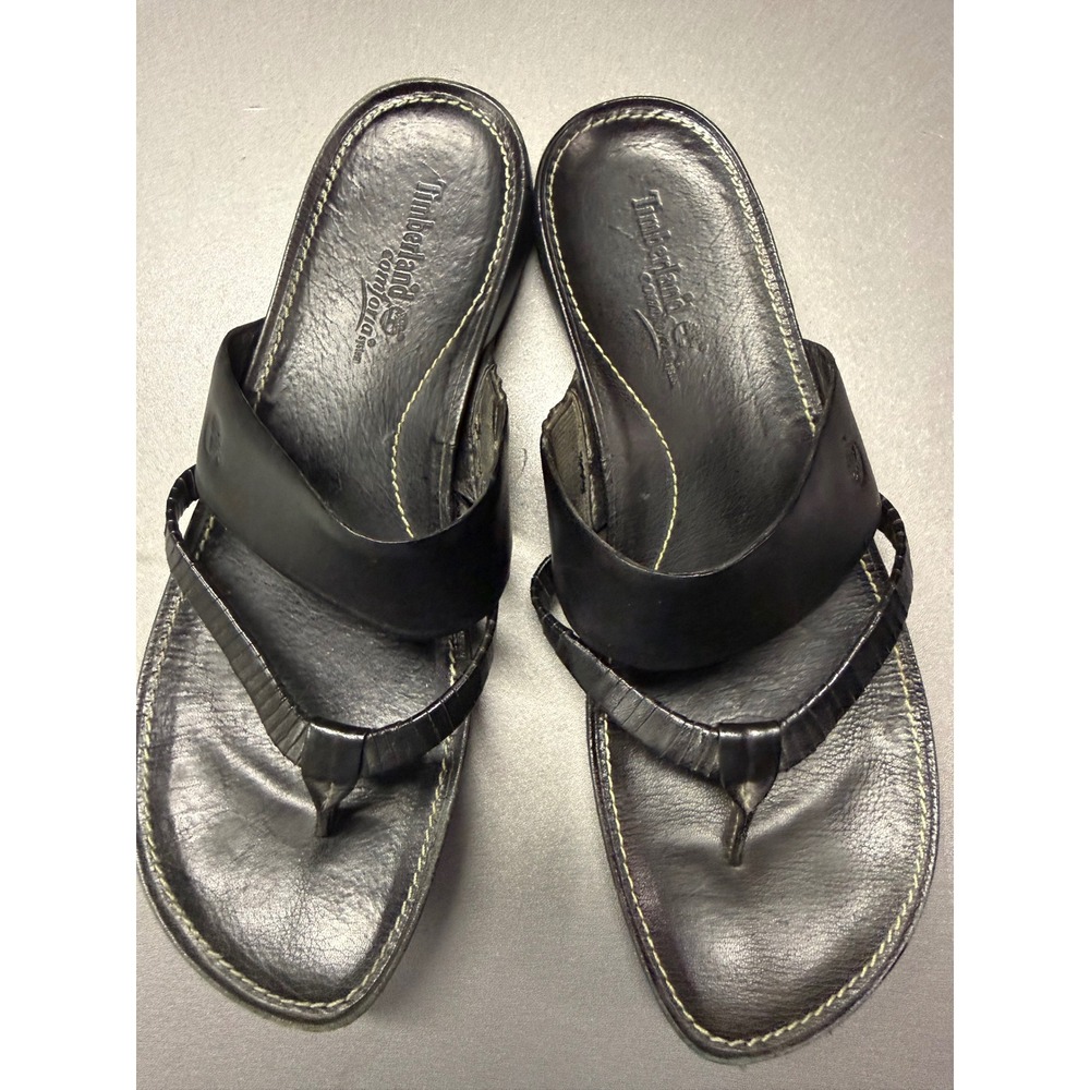 Timberland Comfort System Black Leather Thong Sandals Women Flat Slides